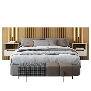 Cabeceira Em Ripado Madeira Cama Casal Com Mesas De Cabeceira Suspensas E Led