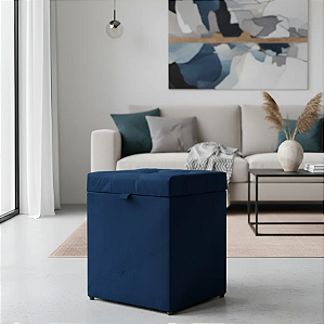 Puff Baú Estofado Quadrado Mari 36cm - Azul Marinho