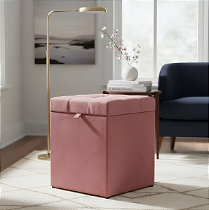 Puff Baú Estofado Quadrado Mari 36cm - Rosa Claro
