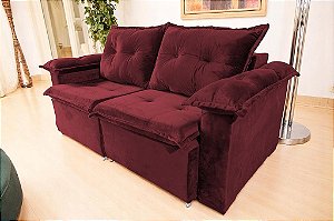 Sofá Barcelona 3 lugares Retrátil com Braço Almofadado 1,80m - Vinho Veludo