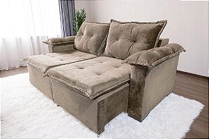 Sofá Barcelona 3 lugares Retrátil com Braço Almofadado 1,80m - Bege Claro Veludo