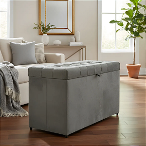 Puff Baú Retangular Estofado Com Pistão á Gás Para Sala, Quarto e recepção - Cinza