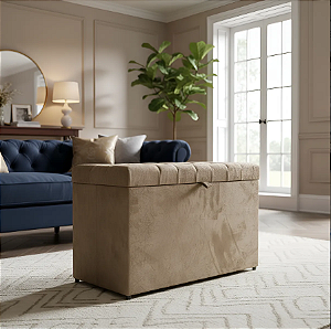 Puff Baú Retangular Estofado Com Pistão á Gás Para Sala, Quarto e recepção - Bege Claro