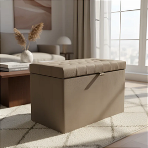 Puff Baú Retangular Estofado Com Pistão á Gás Para Sala, Quarto e recepção - Marrom Claro