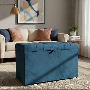 Puff Baú Retangular Estofado Com Pistão á Gás Para Sala, Quarto e recepção - Azul Aço