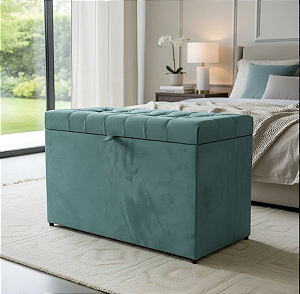Puff Baú Retangular Estofado Com Pistão á Gás Para Sala, Quarto e recepção - Azul Tiffany