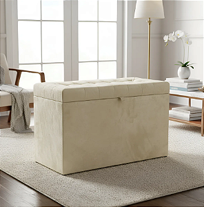 Puff Baú Retangular Estofado Com Pistão á Gás Para Sala, Quarto e recepção - Creme