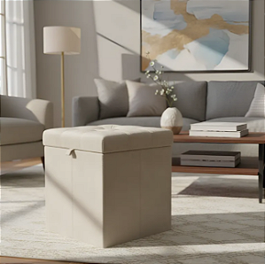 Puff Baú Estofado Quadrado Mari 36cm - Creme