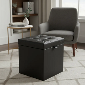 Puff Baú Estofado Quadrado Mari 36cm - Preto Corino