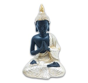 Buda Tailandês Rezando Sentado Preto Dourado 12 cm