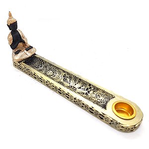 Incensário Vareta Buda Gold com Porta Velas Preto e Dourado