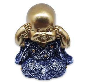 Estátua Buda Surdinho Estatueta Monge 9 cm Dourado e Azul