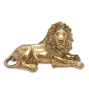 Estatua Enfeite de Resina Leão Dourado Brilhante Força 19 cm