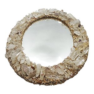 Espelho Oval Artesanal Pedra Cristal Branco Natural 30 cm
