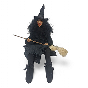 Enfeite Bruxa com Vassoura para Decoração Vestido Preto 47cm