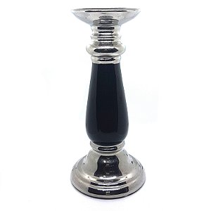 Castiçal de Cerâmica Porta Velas Prata c/ Preto 26 cm