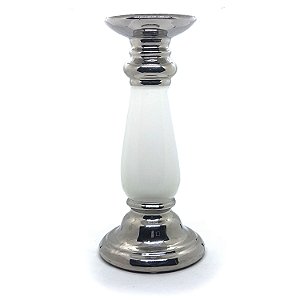 Castiçal de Cerâmica Porta Velas Prata c/ Branco 26 cm