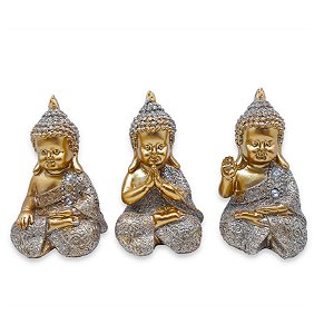 Trio Baby Buda Tailandês Rezando Meditando Acenando 10 cm