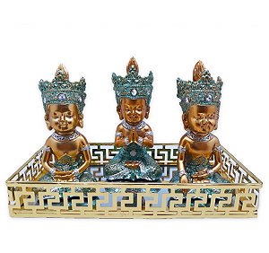 Trio de Buda Tailandês Azul  Bandeja Espelhada 20x10
