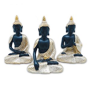 Trio de Buda Tailandês da Sabedoria Preto Dourado 12 cm