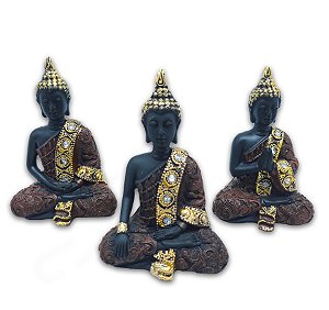 Trio de Budas Tailandeses Meditando Yoga Preto Marrom 12 cm