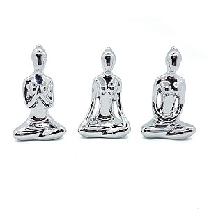 Trio De Ioga Estátua Rezando Meditando Luxo Porcelana Prata