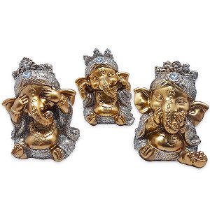Trio Ganesha da Sabedoria Enfeite Ganesha Gold Brilho 8 cm