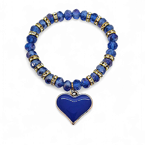 Pulseira Coração Azul Escuro Cristal com Detalhes Dourados
