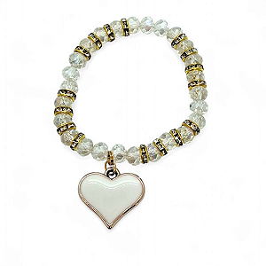 Pulseira Coração Branco Cristal com Detalhes Dourados