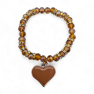 Pulseira Coração Marrom Cristal com Detalhes Dourados