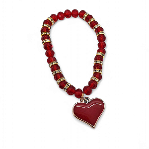 Pulseira Coração Vermelho Cristal com Detalhes Dourados