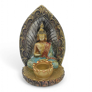 Porta Velas Buda e Folha Bronze Brilhante Meditando 14 cm