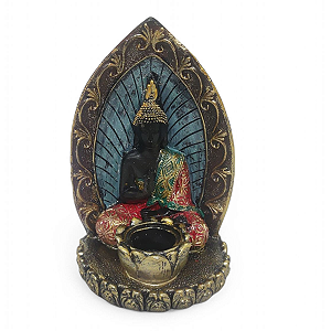 Porta Velas Buda e Folha Preto Brilhante Meditando 14 cm