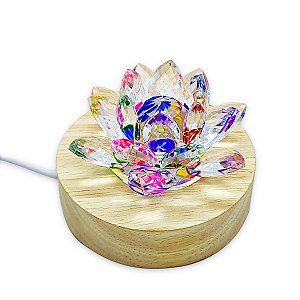 Flor de lótus Cristal brilhante com Base de Madeira e Fonte