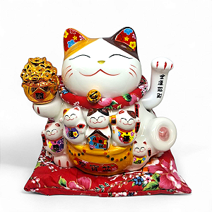 Gato da Sorte Maneki Neko de Porcelana Prosperidade 18 cm