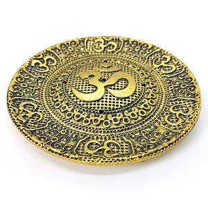 Incensário Vareta Símbolo OM Mantra Dourado Prato 9 cm
