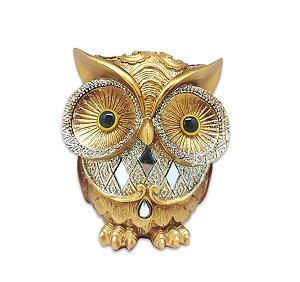 Coruja de Resina Dourada com Brilho Prata 10 cm Enfeite