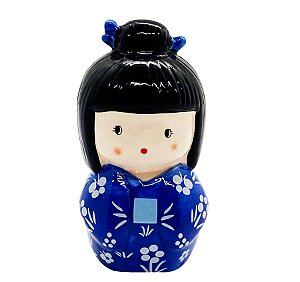 Enfeite Japonesa Kokeshi Azul Paz e Alegria Cerâmica