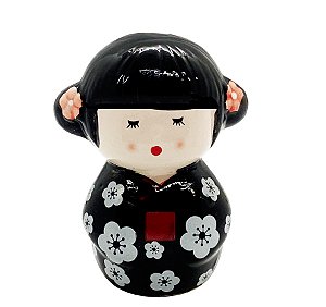 Enfeite Japonesa Kokeshi Cerâmica Preta Felicidade do Lar