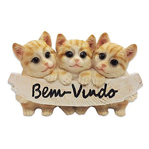 Enfeite Trio de Gatos Placa de Bem Vindo em Resina 10 cm