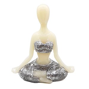 Enfeite Yoga Resina Estatua Decorativa Meditando Cinza 12 cm