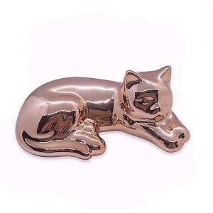 Estátua de Gato Espelhado Rose Cerâmica Deitadinho 5 cm