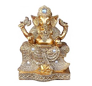Estatua Enfeite Ganeshi Dourada com Brilho Detalhada 16 cm