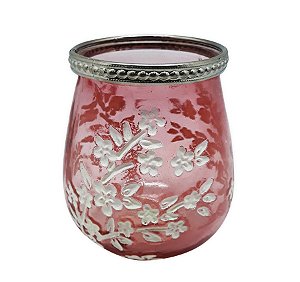 Castiçal Porta Velas em Vidro Moderno Floral Rosa 11 cm