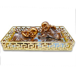 Budas da Alegria Surdo Mudo com Bandeja Buda Estatueta 9 cm