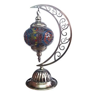 Abajur Lua Turco Mosaico Flor Vidro Colorido Bivolt 40 cm