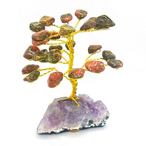 Árvore Pedra Natural Unakita com base de Drusa Ametista 10cm