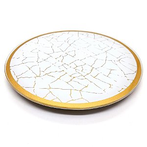 Bandeja Lavabo Sala em Vidro Craquelado Branco Dourado 15cm