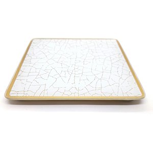 Bandeja Lavabo Sala Vidro Craquelado Branco e Dourado 15cm