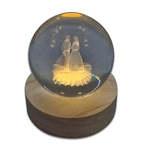 Bola de Cristal Luminária Casal com Base de Madeira 6 cm